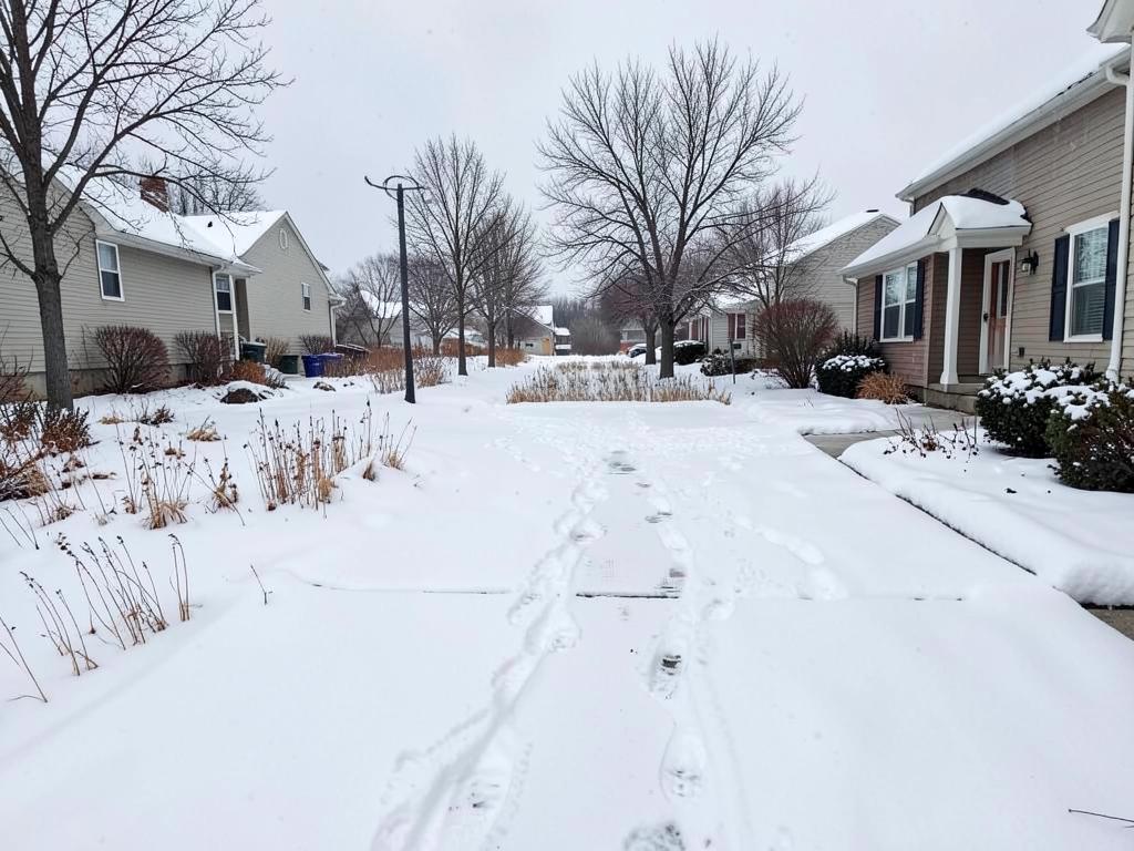 Driveway and sidewalk buried in deep snow before clearing