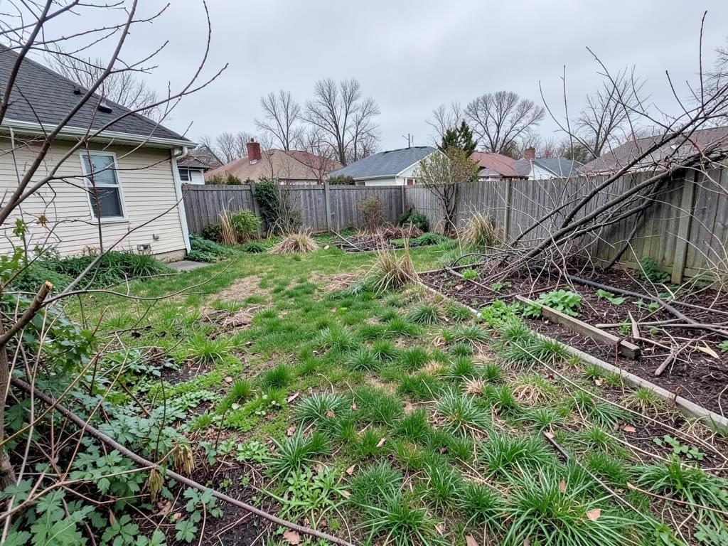 Overgrown backyard with patchy grass and scattered branches before cleanup