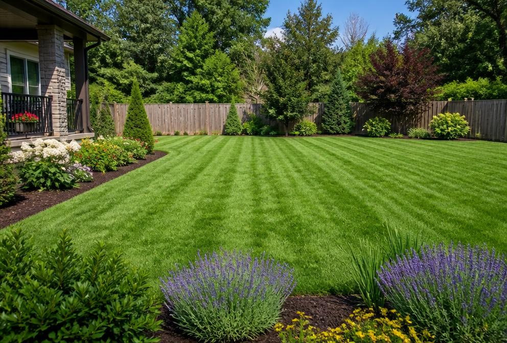 Freshly maintained green lawn and landscaping
